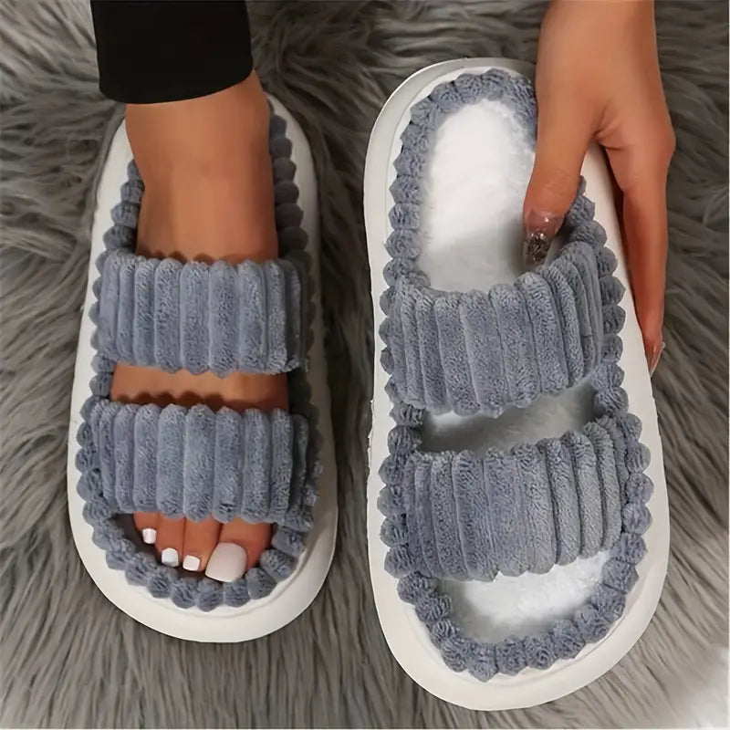 Women's Double Straps Plush Slippers